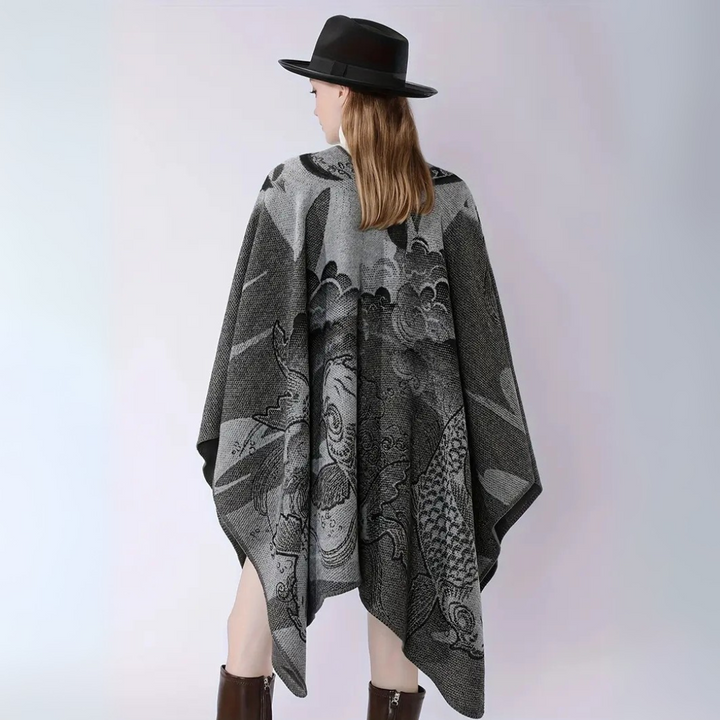 Runenstein Reversible Poncho aus weichem Kaschmirimitat mit Fischmotiven