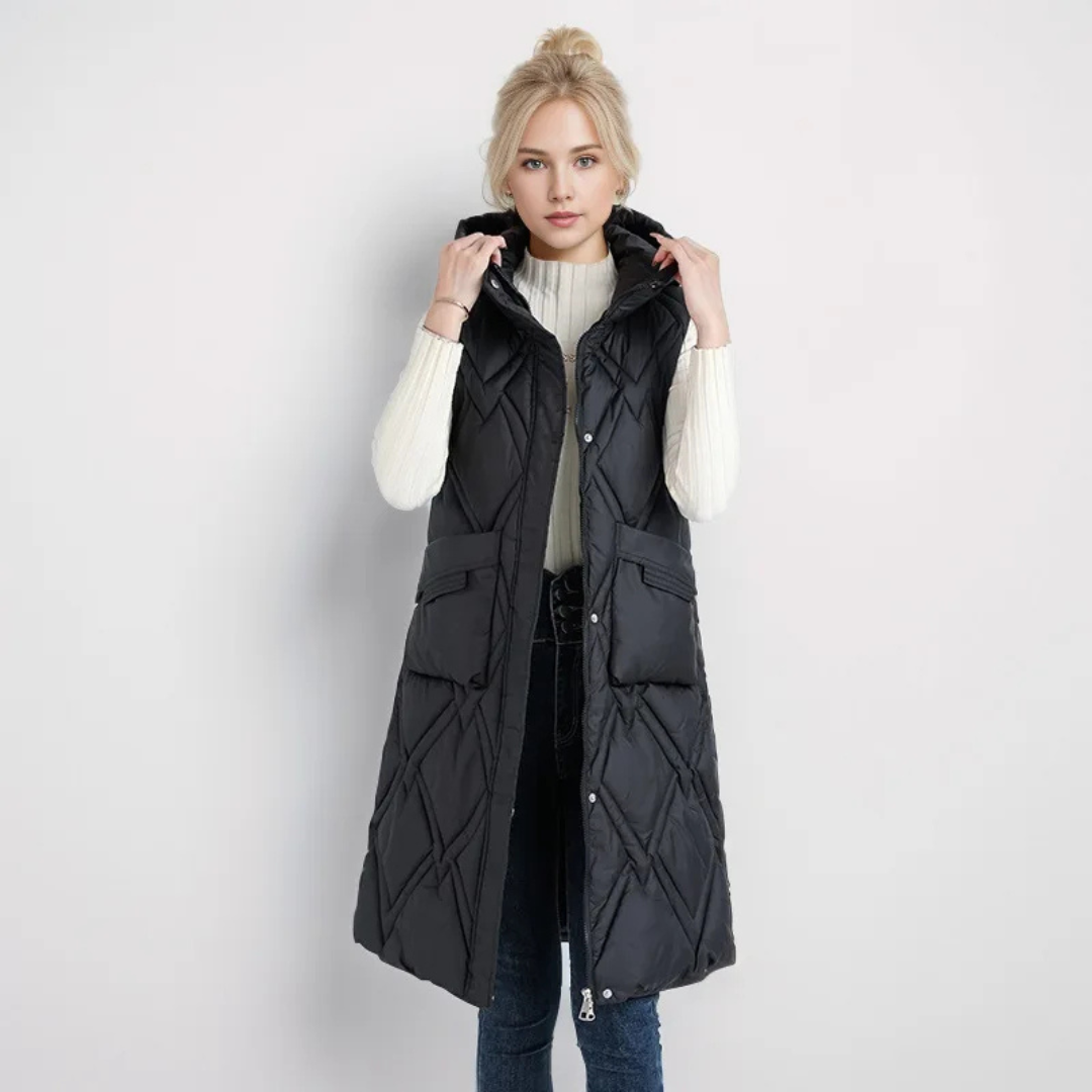 Lange Steppweste für kalte Tage - Puffer Daunenweste mit Kapuze für Damen
