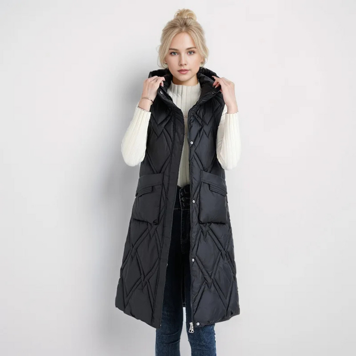 Lange Steppweste für kalte Tage - Puffer Daunenweste mit Kapuze für Damen