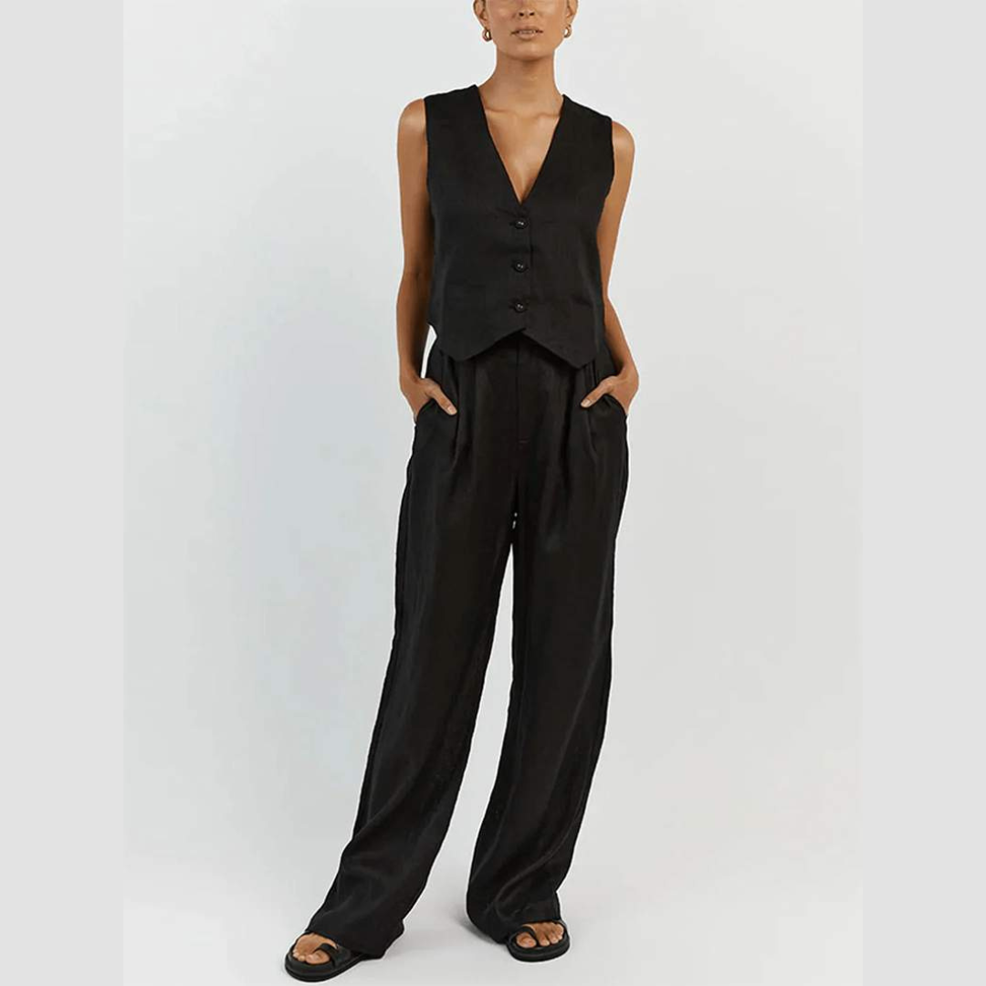 Emma 2-Teiliges Set |  Ärmelloses Top und Hochtaillierte Hose aus Leinen