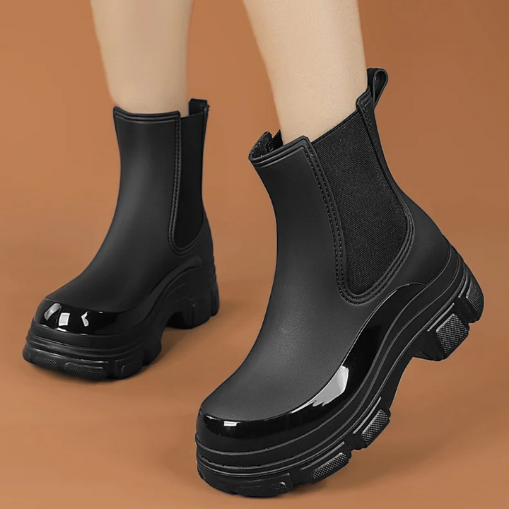 Regenstiefel für den Herbst - Wasserdichte Chelsea Gummistiefel mit Chunky Platform-Sohle für Damen