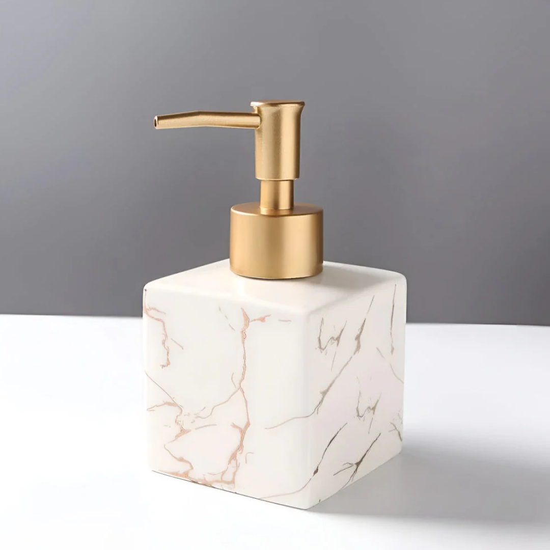 Luxus Marmor-Seifenspender | Eleganter Keramikspender mit Goldpumpe für Bad und Küche