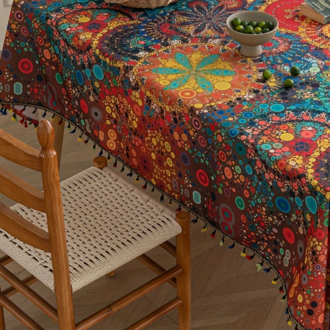 Hypno Bloom Quasten-Tischdecke | Böhmische Mandala-Tischdecke mit geometrischen Mustern