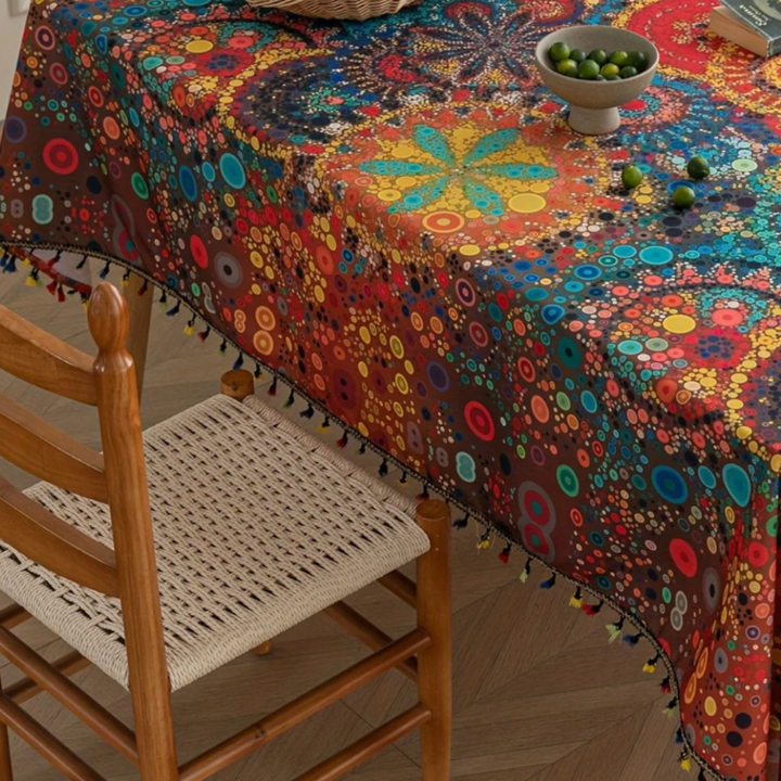 Hypno Bloom Quasten-Tischdecke | Böhmische Mandala-Tischdecke mit geometrischen Mustern