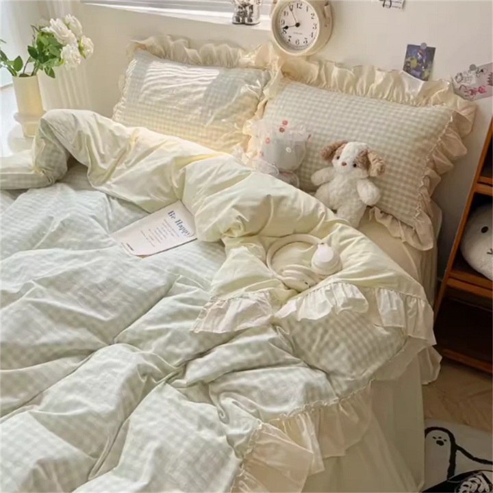 Gingham Rüschen-Bettwäsche-Set | Verspieltes Karo im Landhausstil