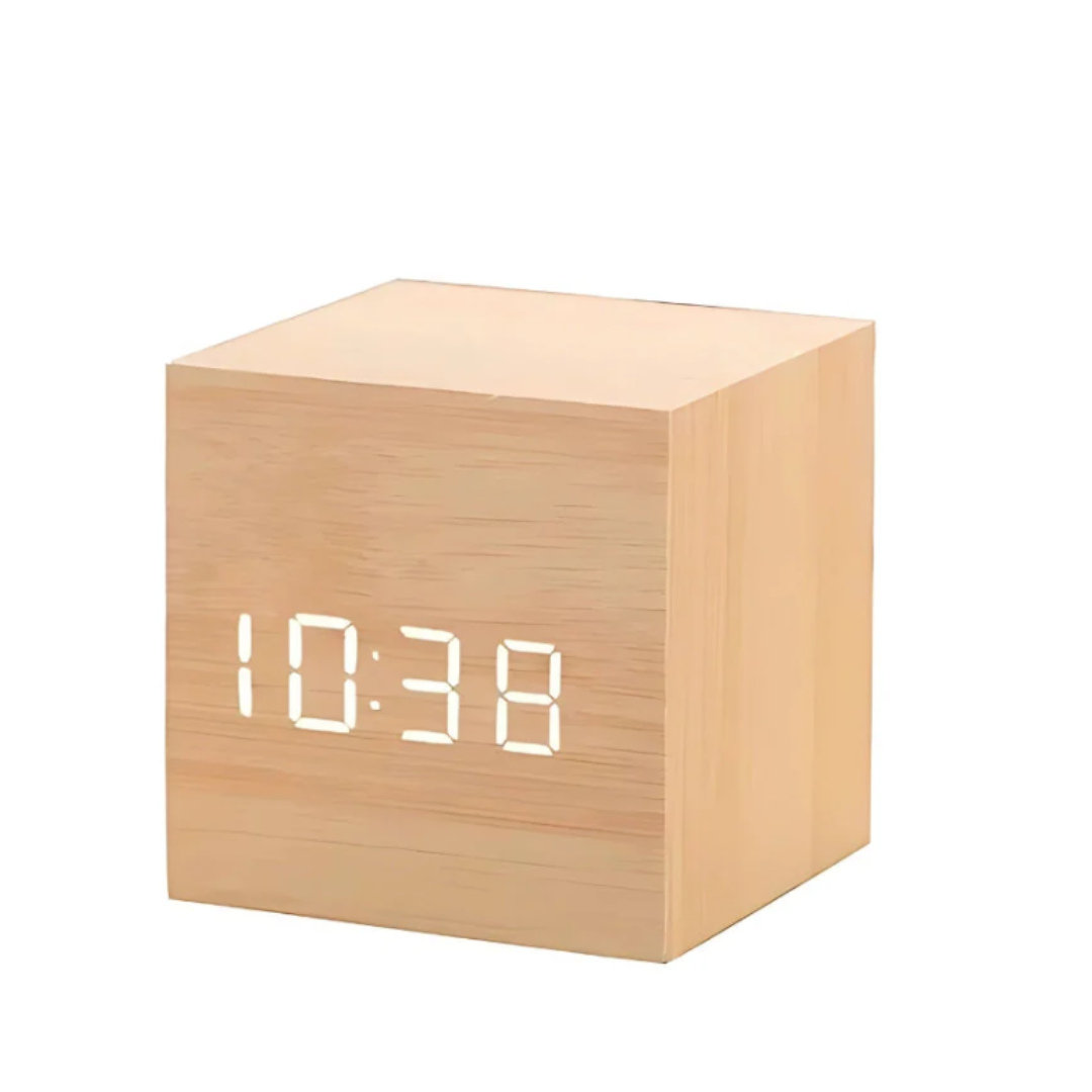 Cube LED-Wecker | Moderner Holzmaserung-Designwecker mit Temperaturanzeige
