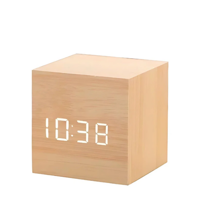 Cube LED-Wecker | Moderner Holzmaserung-Designwecker mit Temperaturanzeige