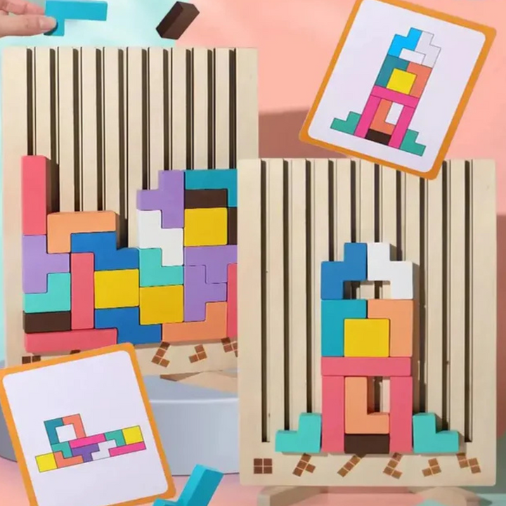 Holzpuzzle Spiel | Montessori Denkspiel mit bunten Blöcken für Kinder ab 5 Jahren