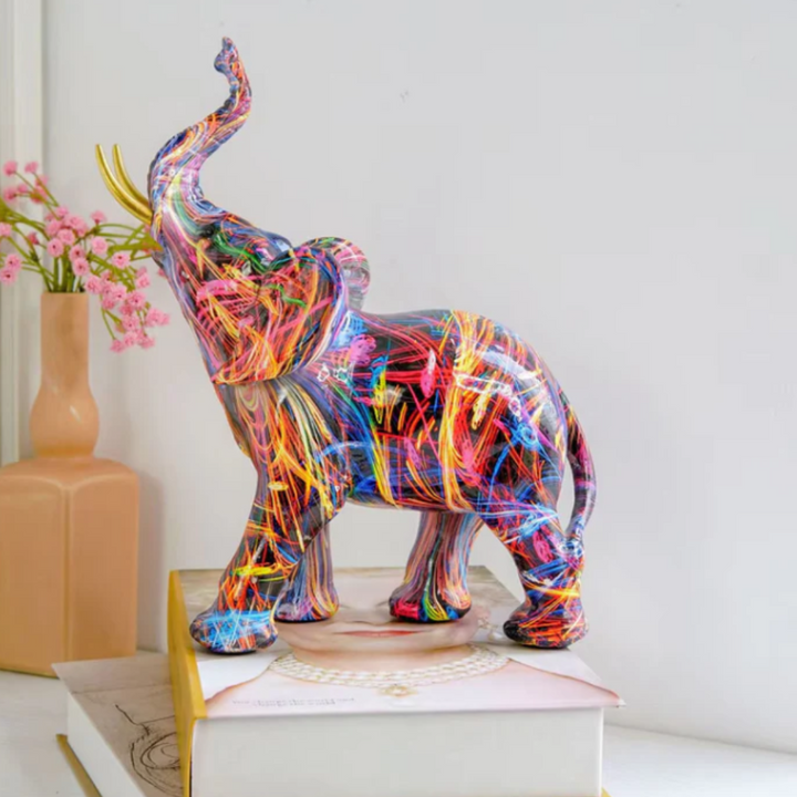 Graffiti-Elefant Kunstfigurine | Moderne Street-Art Dekoration mit bunten Farbspritzern für Zuhause