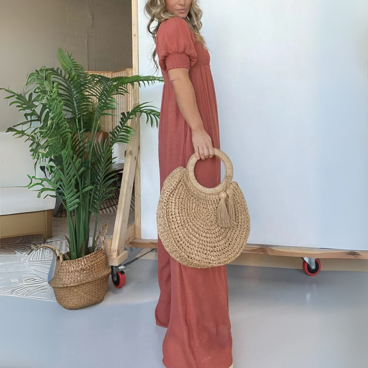 Lena Boho-Kleid | Maxikleid mit Puffärmeln und Smok-Details für Frauen