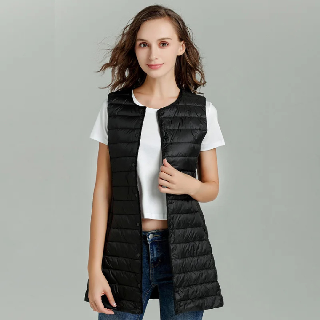 Lange Steppweste für den Herbst - Leichte Daunenweste für Damen