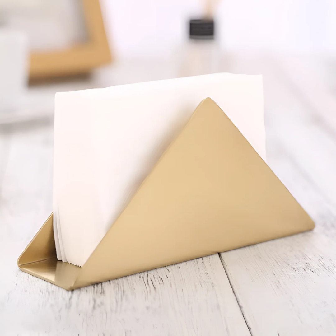 Goldener Serviettenhalter aus Metall | Eleganter Tischorganizer mit dreieckiger Basis für Küche