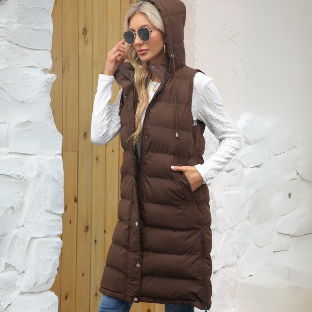 Lange Steppweste für kalte Tage - Warme Daunenweste mit Kapuze für Damen