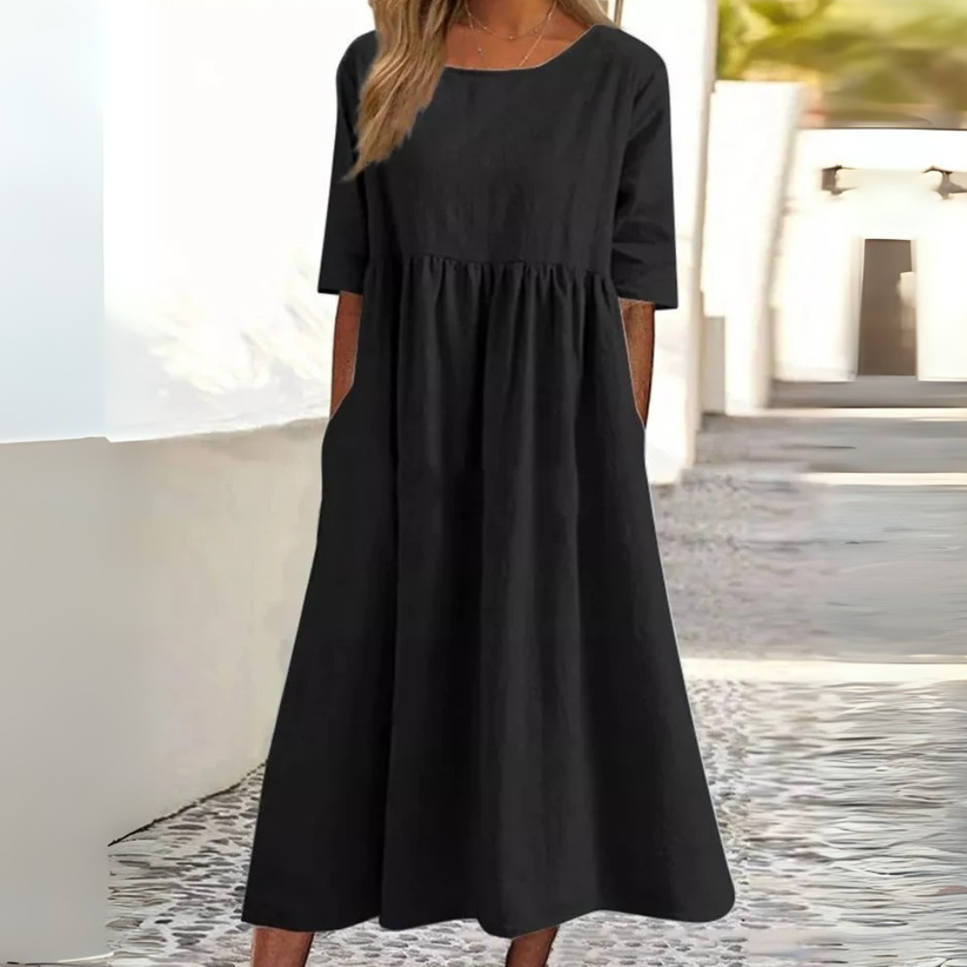 Sommer Kleid Linnenlook - Baumwollkleid mit Rundhalsausschnitt und Taschen