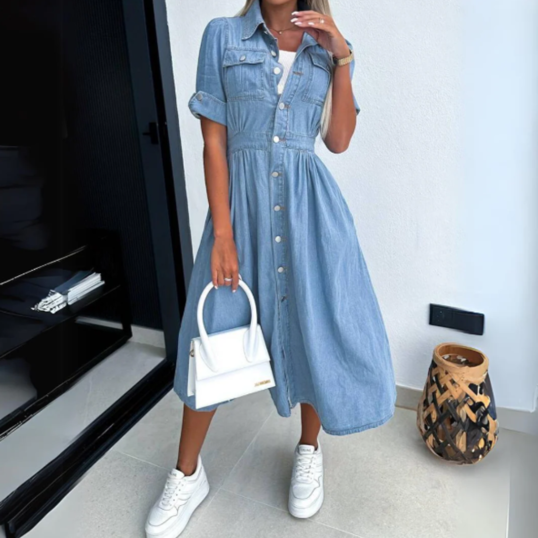 Jeans Kleid Damen Midi - Blaues Trendy Denim Blusenkleid mit Knöpfen