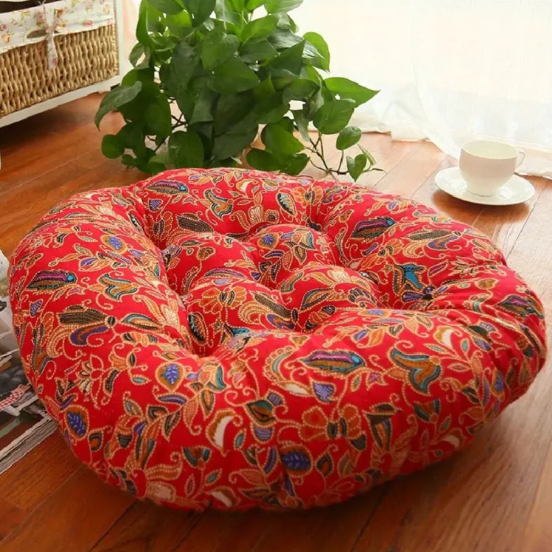 Boho Bodenkissen Rund | Vielseitiges Meditationskissen mit Blumenmuster für Zuhause