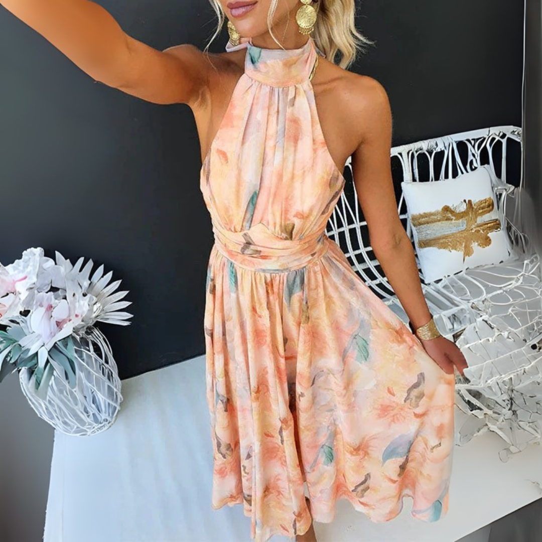 Sommer Kleid Damen - Elegantes Maxikleid mit Halterneck und Aquarelldruck