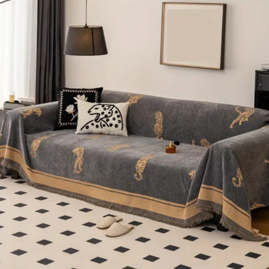 Safari Tiger Chenille Sofabezug | Wendbare Premium-Sofaabdeckung mit Tigermuster