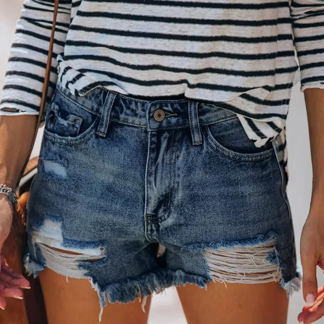Zoe Jeansshorts | Damen Destroyed Denim Shorts High-Waist Vintage Look Fransen & Risse