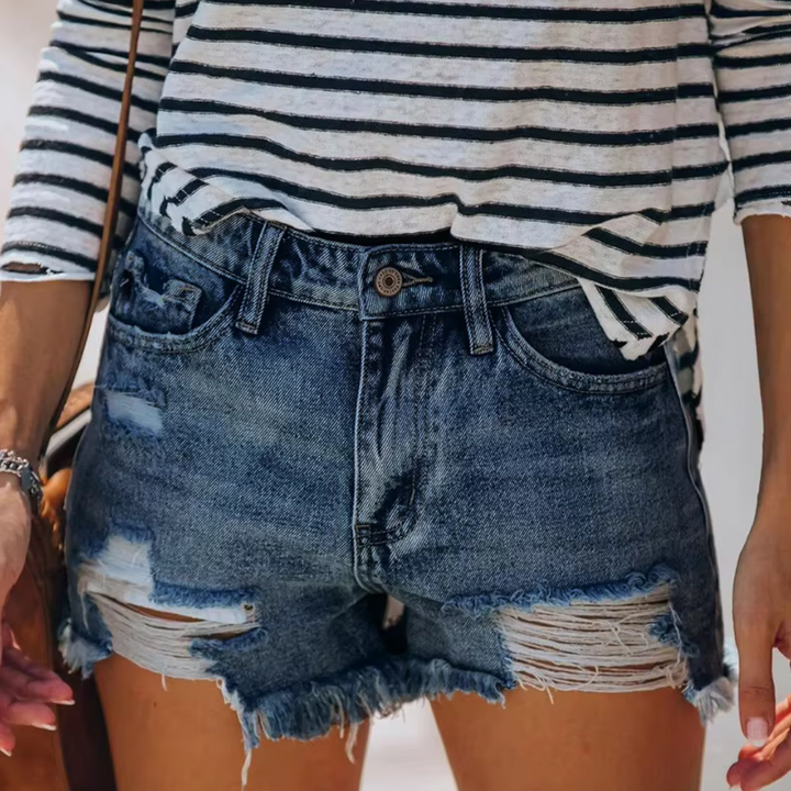 Zoe Jeansshorts | Damen Destroyed Denim Shorts High-Waist Vintage Look Fransen & Risse