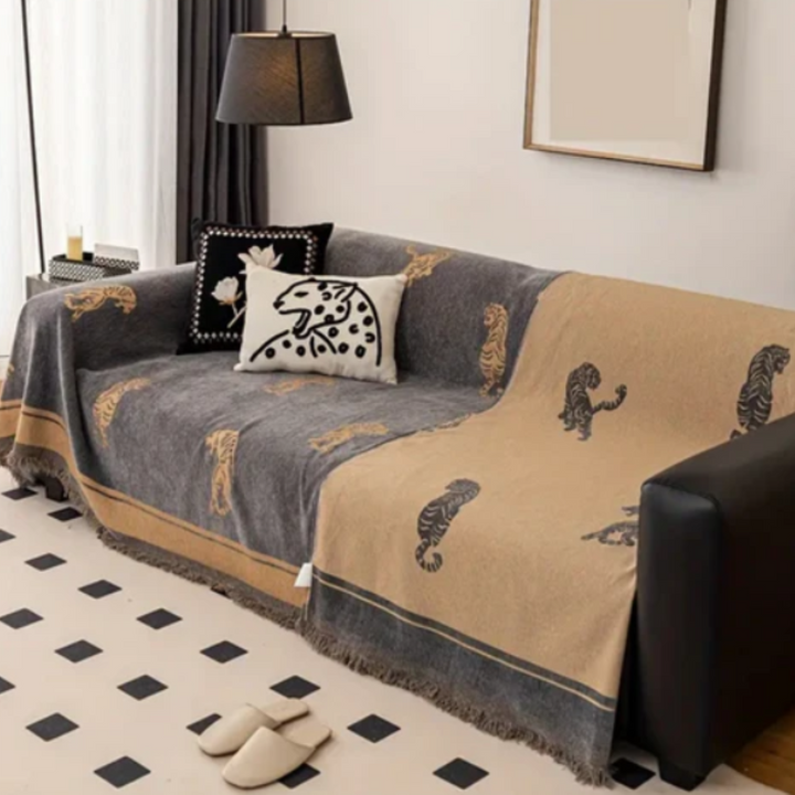 Safari Tiger Chenille Sofabezug | Wendbare Premium-Sofaabdeckung mit Tigermuster