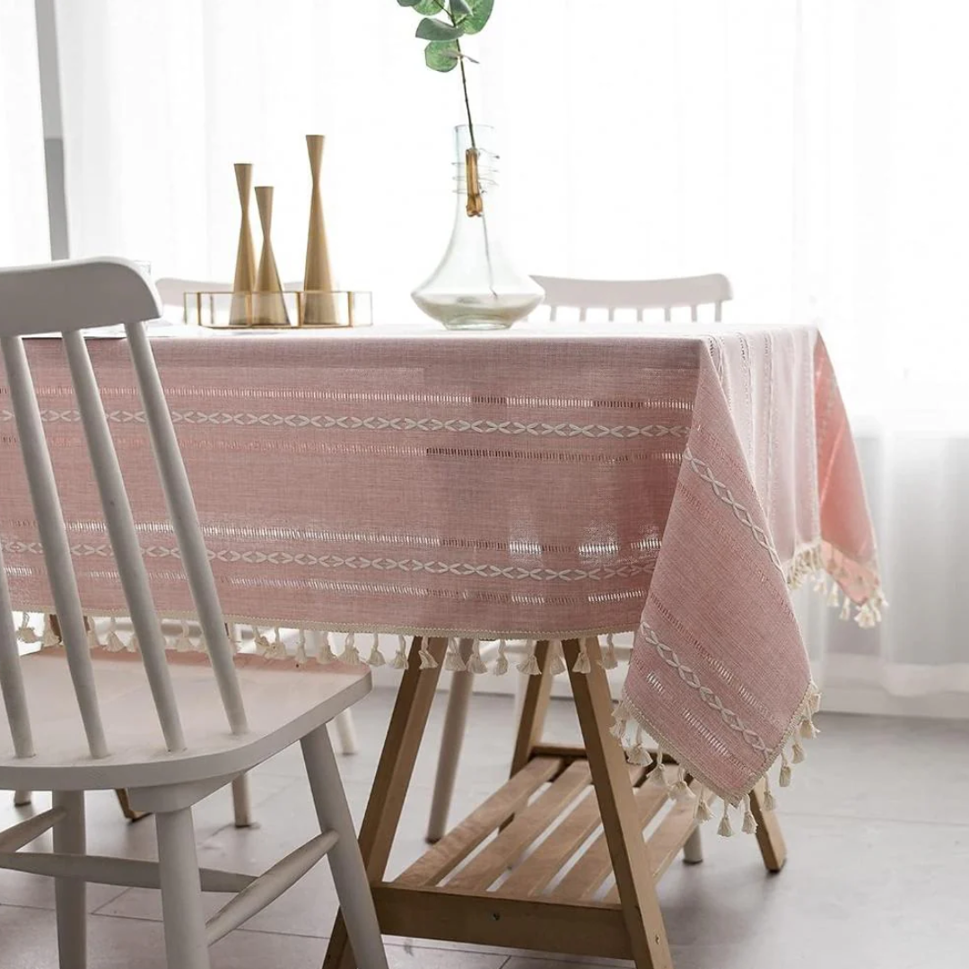 Elegante Baumwoll-Leinen-Tischdecke | Rustikale Tischdecke mit Stickerei und Quastensaum