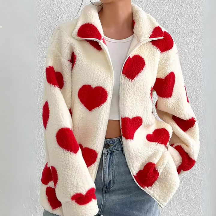 Fleecejacke für den Herbst - Stilvolle Teddyjacke mit Herzmotiven für Damen