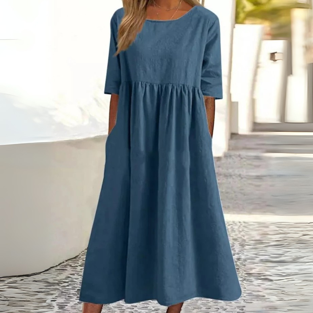 Sommer Kleid Linnenlook - Baumwollkleid mit Rundhalsausschnitt und Taschen
