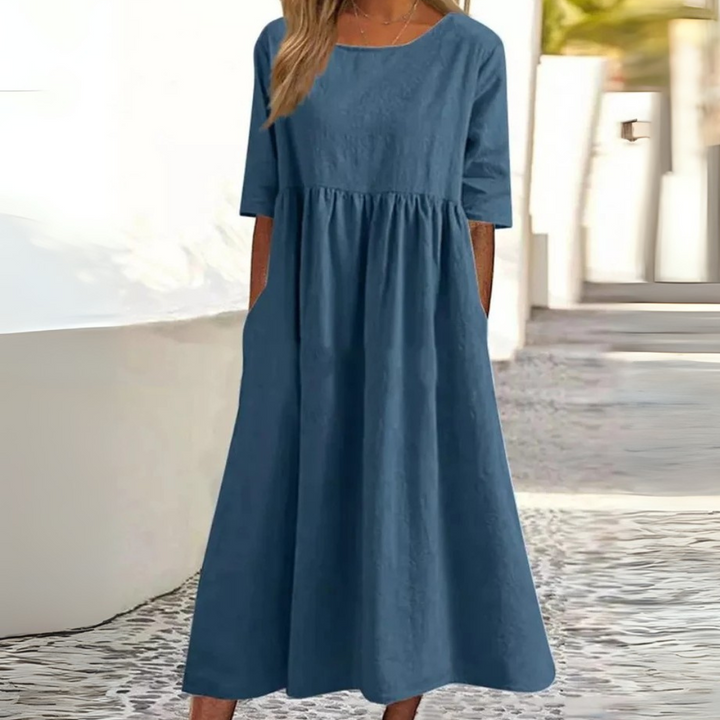 Sommer Kleid Linnenlook - Baumwollkleid mit Rundhalsausschnitt und Taschen