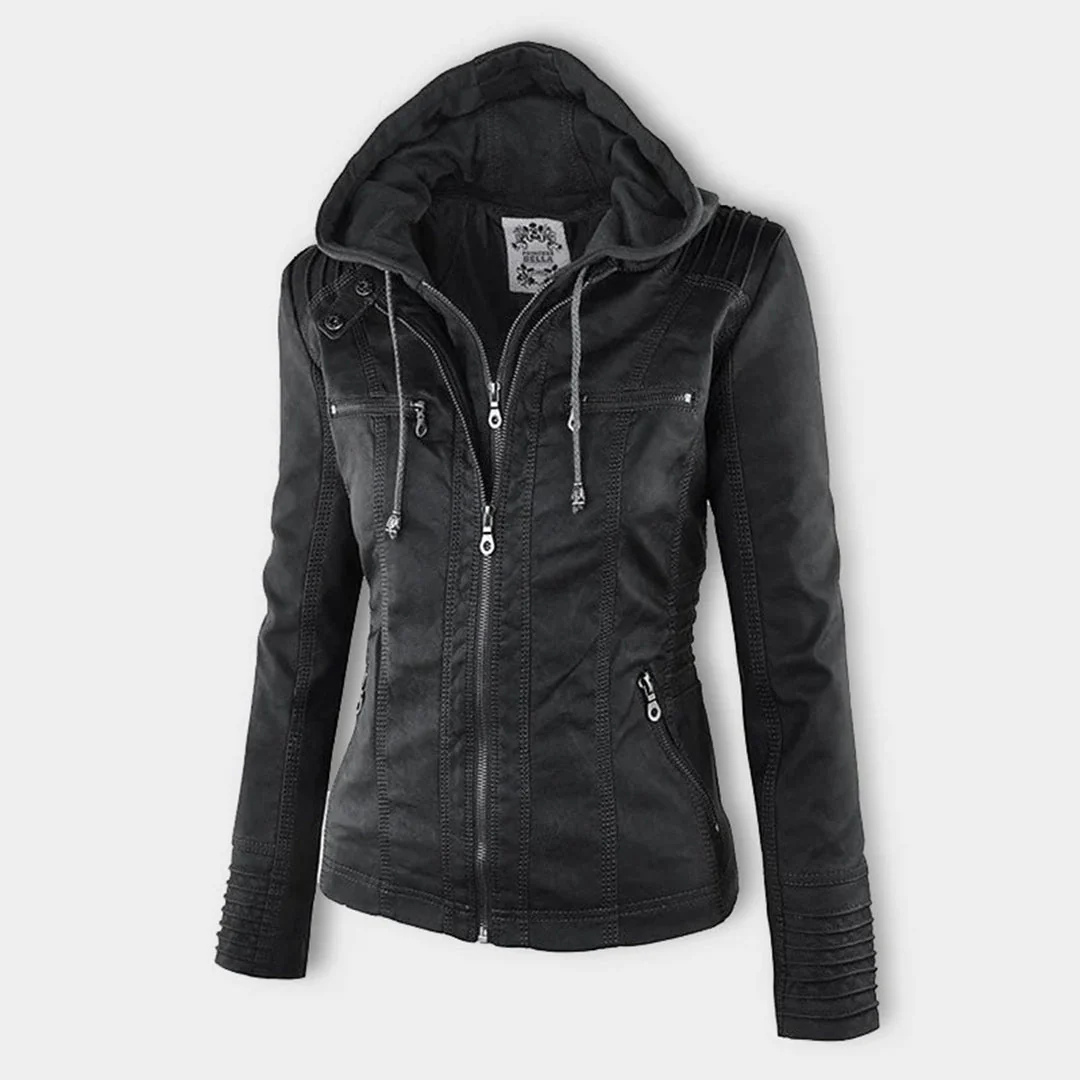 Kunstlederjacke für den Herbst - Wetterfeste Übergansjacke mit Kapuze für Damen