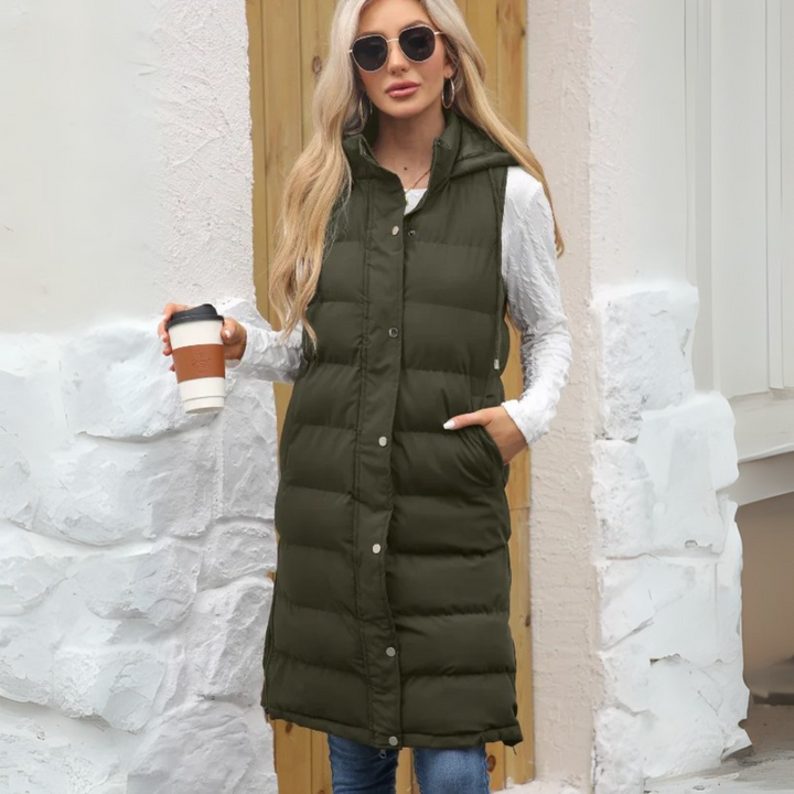 Lange Steppweste für kalte Tage - Warme Daunenweste mit Kapuze für Damen