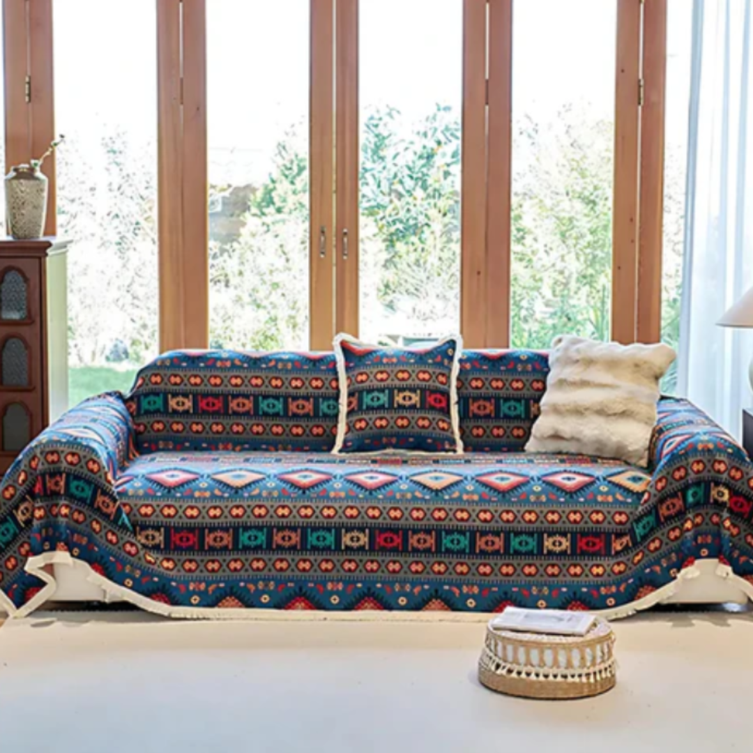 Boho Sofaüberwurf | Vintage-Sofaschutz mit geometrischem Muster und Chenille-Material