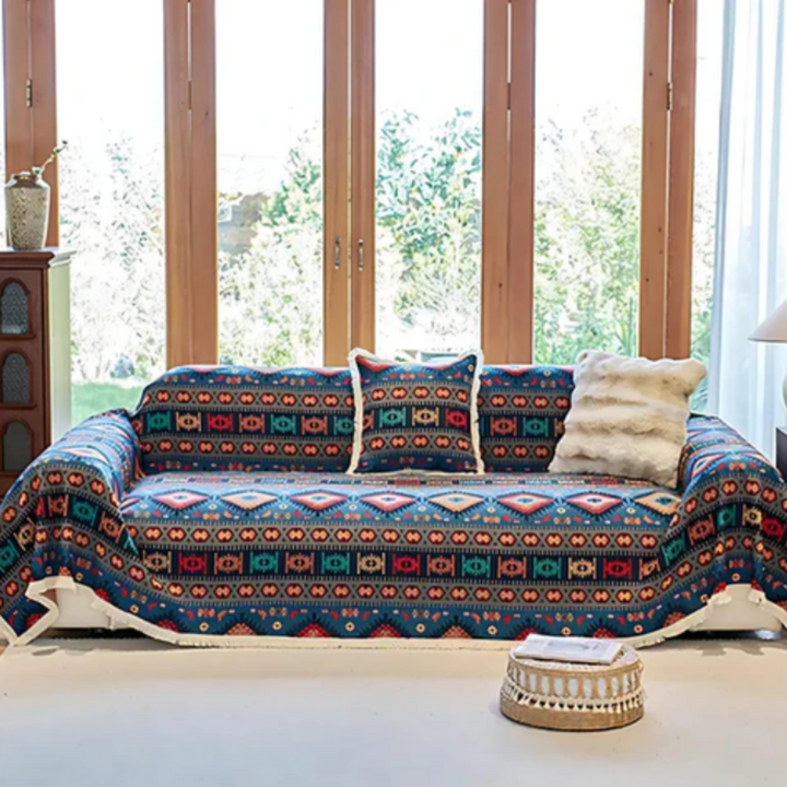 Boho Sofaüberwurf | Vintage-Sofaschutz mit geometrischem Muster und Chenille-Material