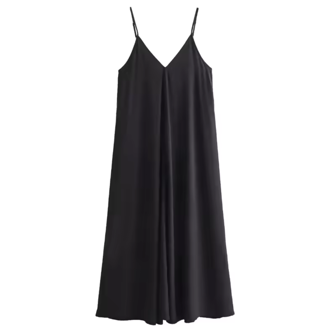 Schwarzes ärmelloses Kleid, V-Ausschnitt, fließender Stoff, elegantes Design, ideal für Sommermode und Abendveranstaltungen.