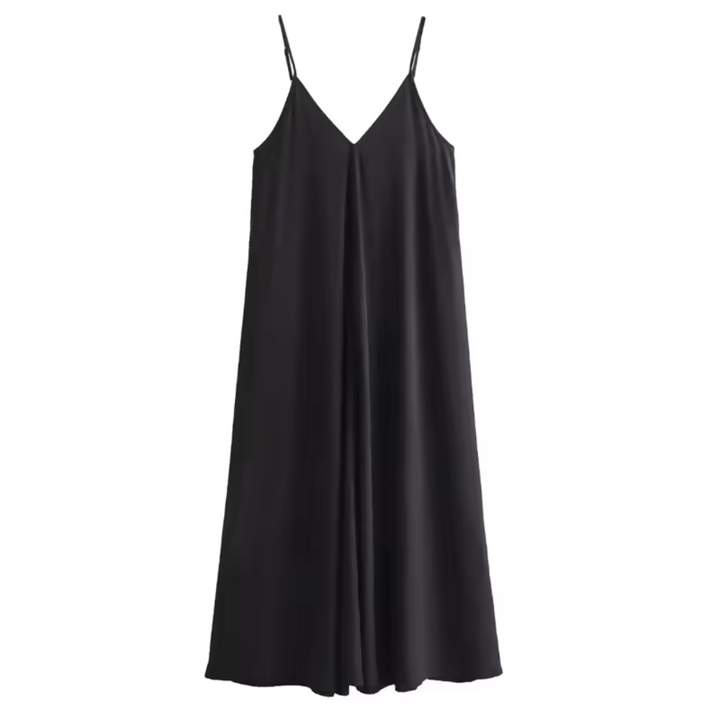 Schwarzes ärmelloses Kleid, V-Ausschnitt, fließender Stoff, elegantes Design, ideal für Sommermode und Abendveranstaltungen.