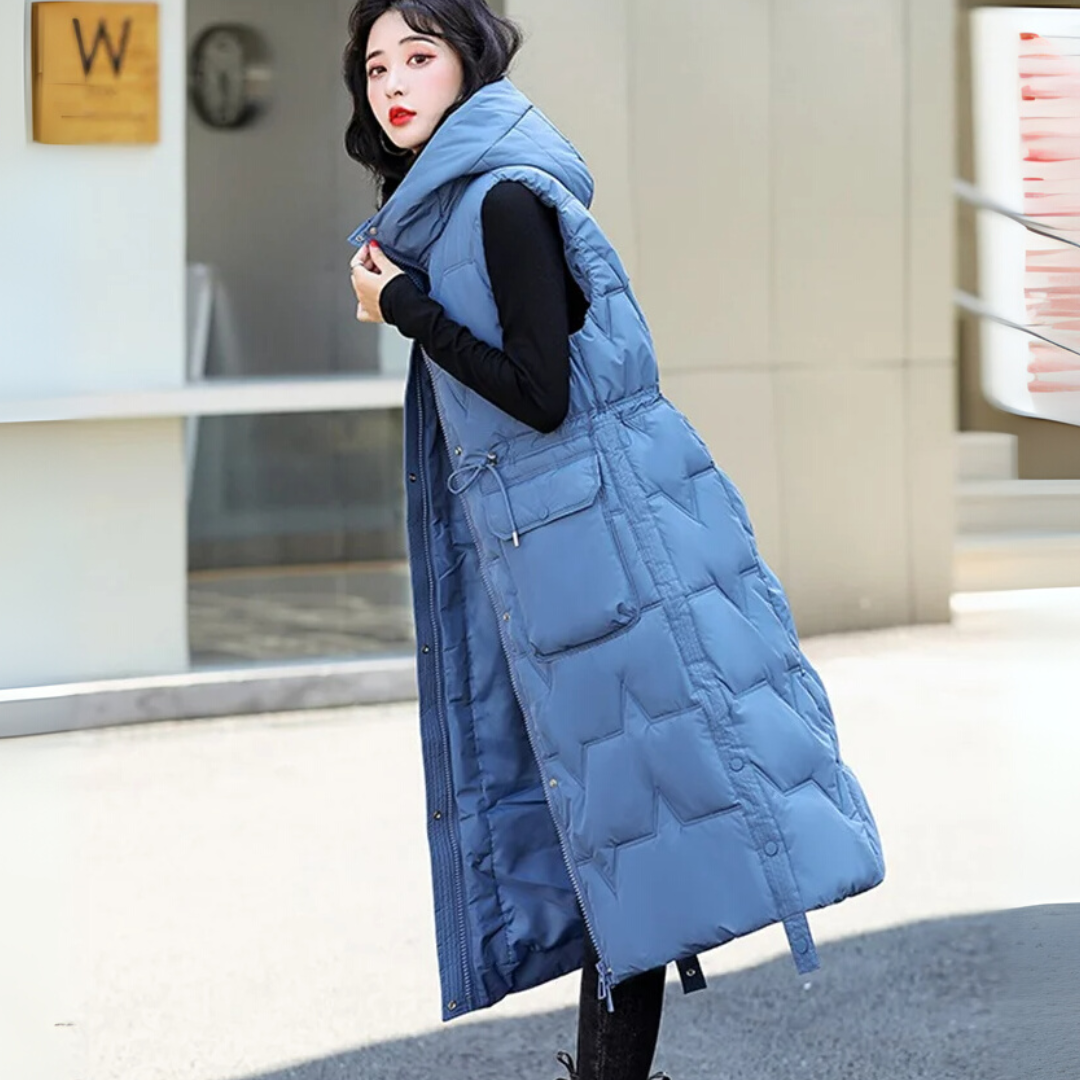 Lange Steppweste für kalte Tage - Stilvolle Daunenweste mit Kapuze für Damen