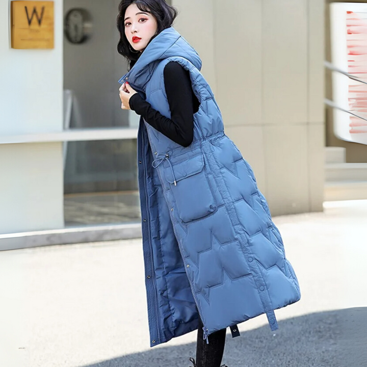 Lange Steppweste für kalte Tage - Stilvolle Daunenweste mit Kapuze für Damen