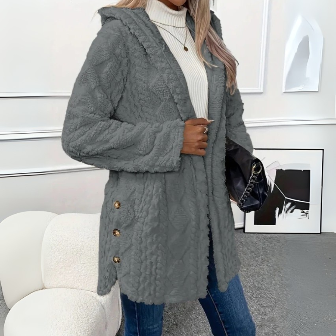 Teddyjacke für den kalte Tage - Stilvolle Lange Fleecejacke mit Kapuze für Damen