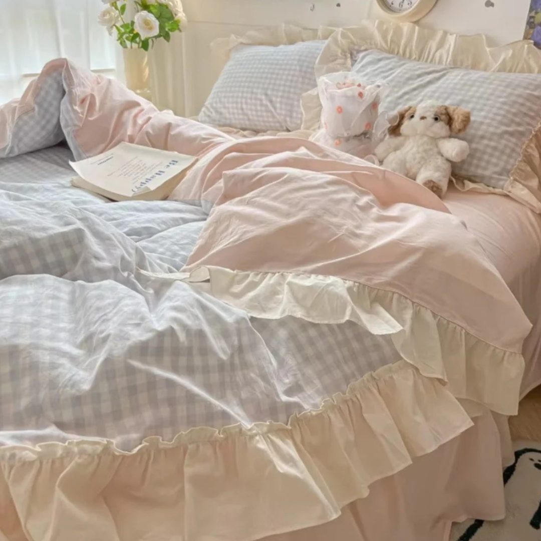 Gingham Rüschen-Bettwäsche-Set | Verspieltes Karo im Landhausstil
