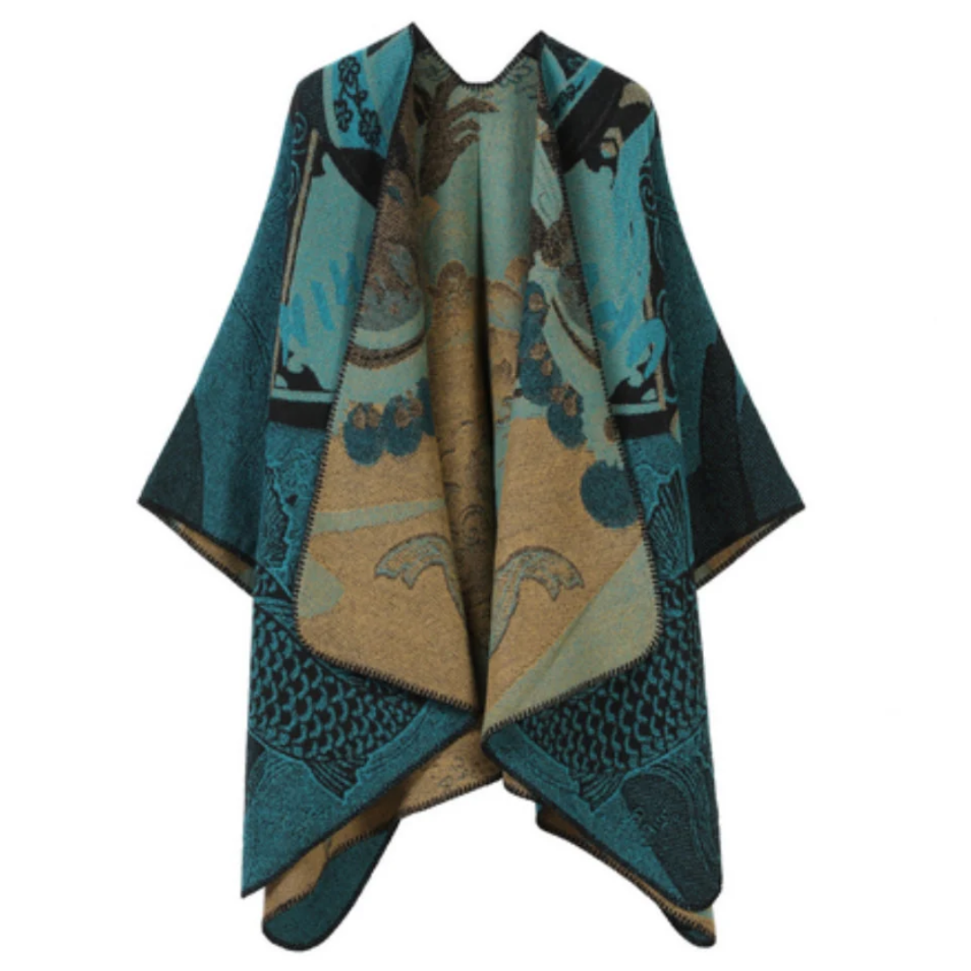 Runenstein Reversible Poncho aus weichem Kaschmirimitat mit Fischmotiven