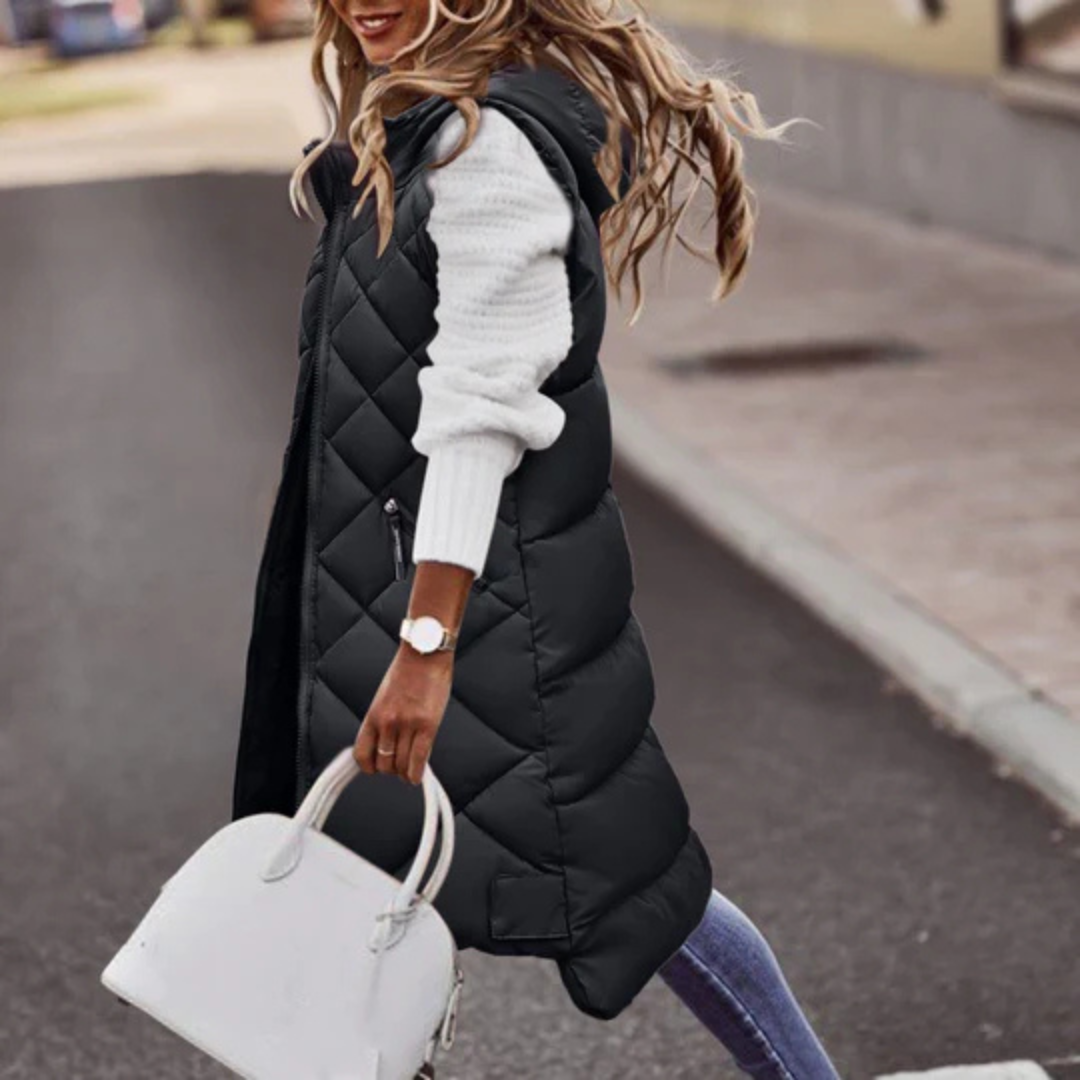 Steppweste für den Herbst - Elegante lange Daunenweste mit Kapuze für Damen