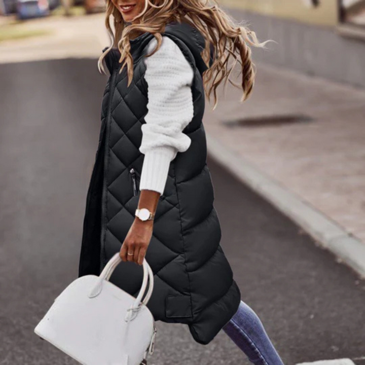 Steppweste für den Herbst - Elegante lange Daunenweste mit Kapuze für Damen