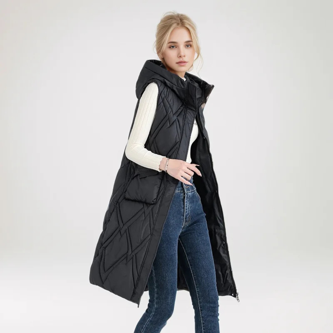 Lange Steppweste für kalte Tage - Puffer Daunenweste mit Kapuze für Damen