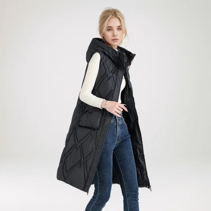 Lange Steppweste für kalte Tage - Puffer Daunenweste mit Kapuze für Damen