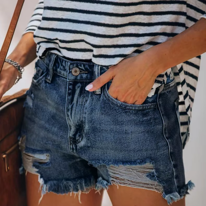 Zoe Jeansshorts | Damen Destroyed Denim Shorts High-Waist Vintage Look Fransen & Risse