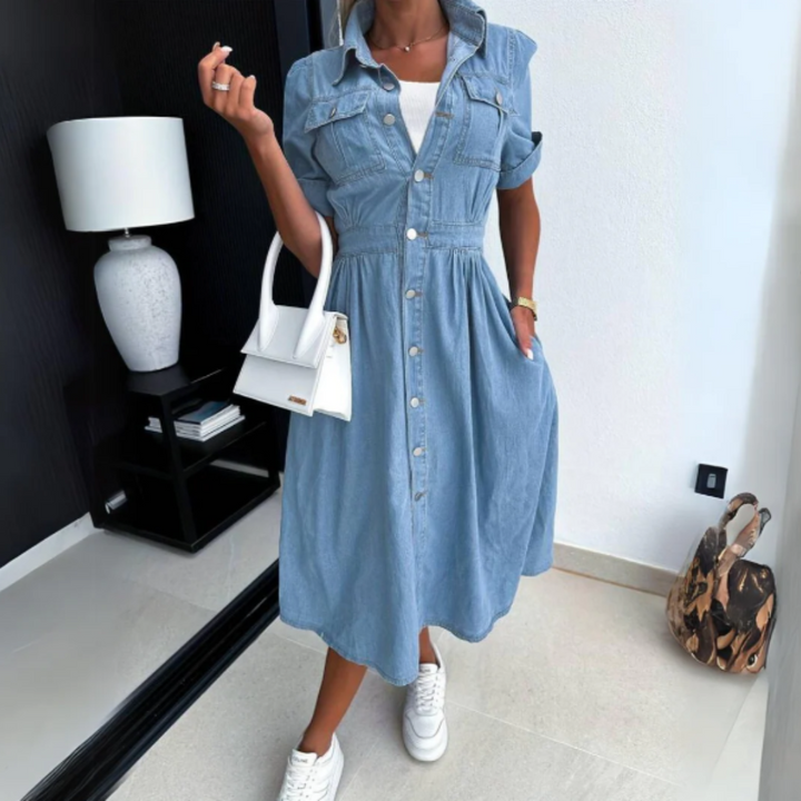 Jeans Kleid Damen Midi - Blaues Trendy Denim Blusenkleid mit Knöpfen