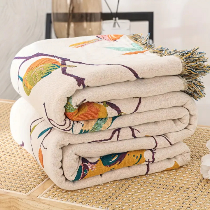 Whimsical Bird Quasten-Baumwolldecke | Boho-Wohndecke mit Vogelmotiv und dekorativen Fransen