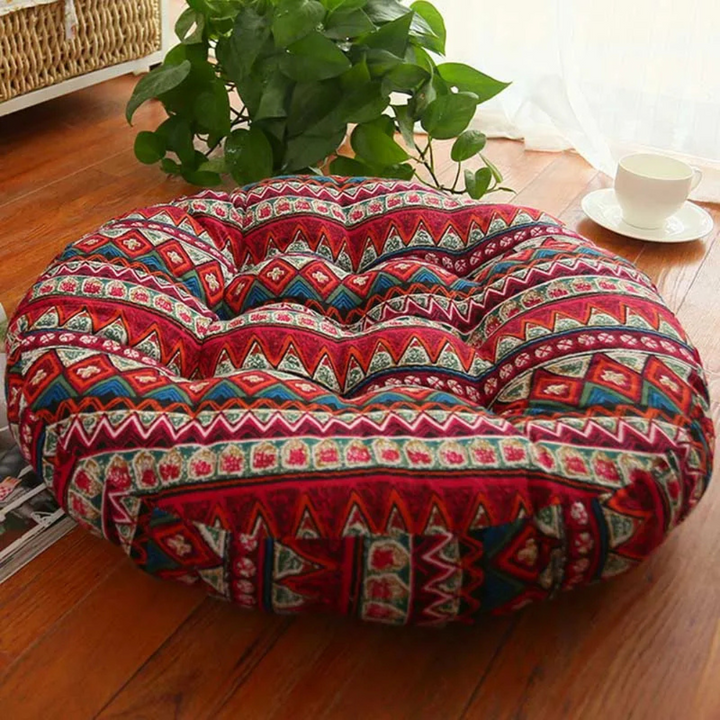 Boho Bodenkissen Rund | Vielseitiges Meditationskissen mit Blumenmuster für Zuhause