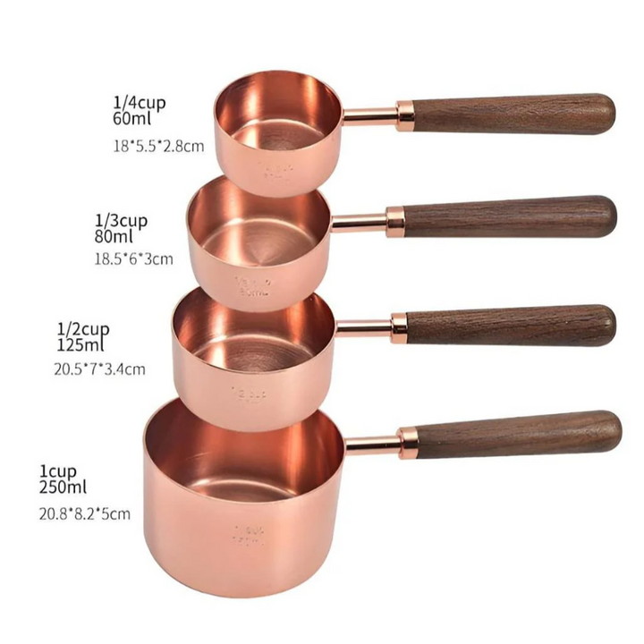 Kupfer-Messbecher-Set | Hochwertiges Edelstahl-Küchenbesteck mit Walnussholz-Griffen