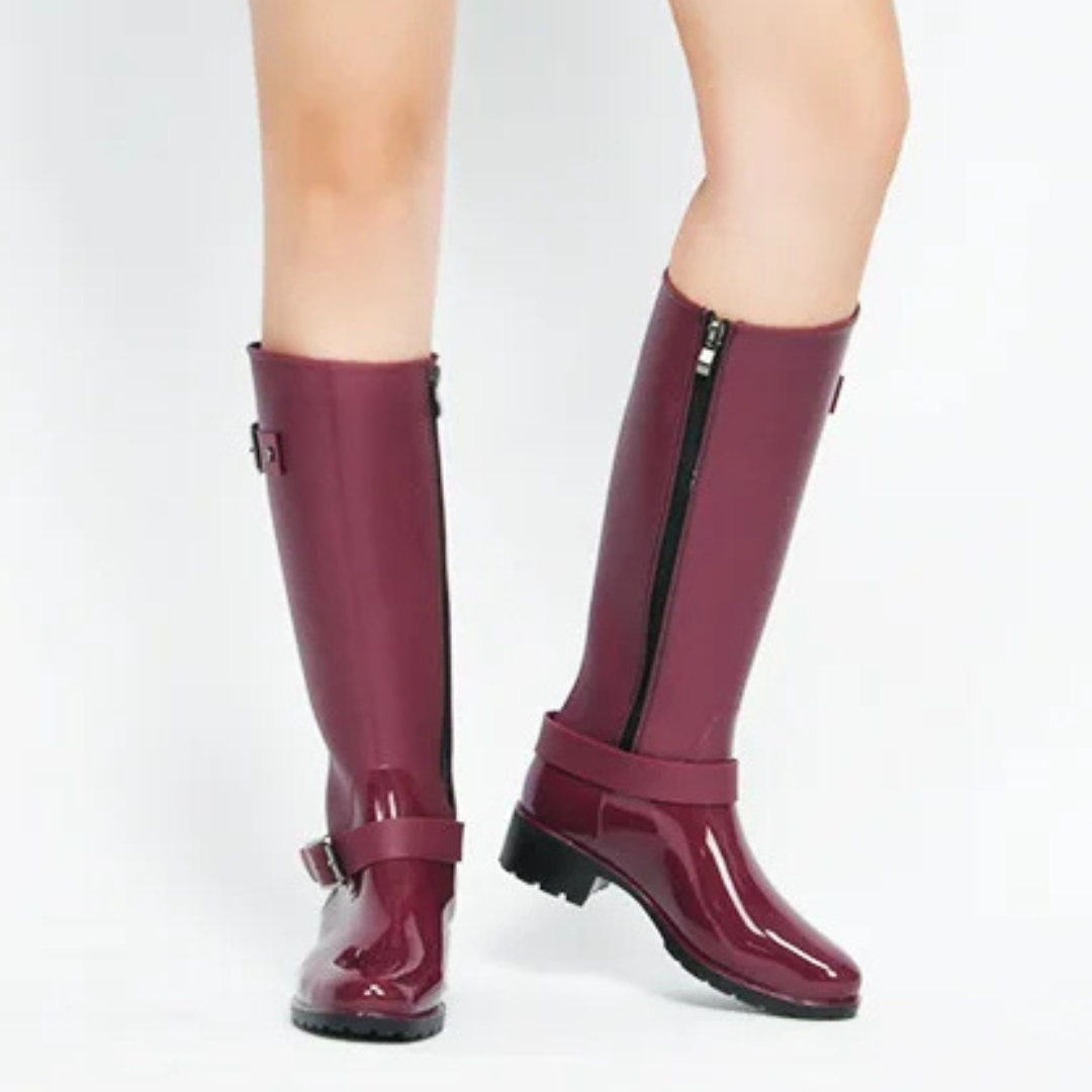 Regenstiefel für den Herbst - Wasserdichte hohe Gummistiefel mit Schnallen und Absatz für Damen